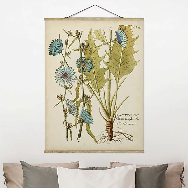 Stoffbild Blumen mit Posterleisten - Hochformat Vintage Botanik in Blau Weg günstig online kaufen