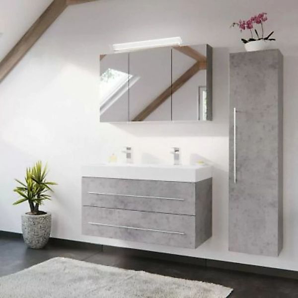 Lomadox Bad-Möbel-Set mit 100cm Doppel-Waschtisch LISSABON-02 - in Beton-Op günstig online kaufen
