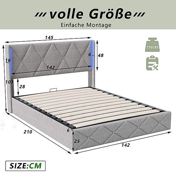 Furnishings Home Polsterbett Stauraumbett Doppelbett mit Licht und USB+TYPE günstig online kaufen