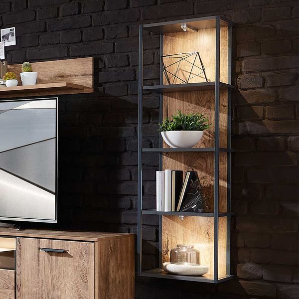 Design Wandregal in Eiche dunkel Optik und Dunkelgrau 35 cm breit günstig online kaufen