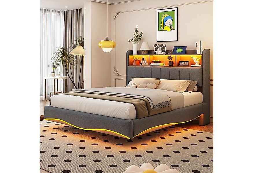 HAUSS SPOLE Polsterbett 140x200 mit Matratze Komfortbett, Leinenstoff, LED- günstig online kaufen