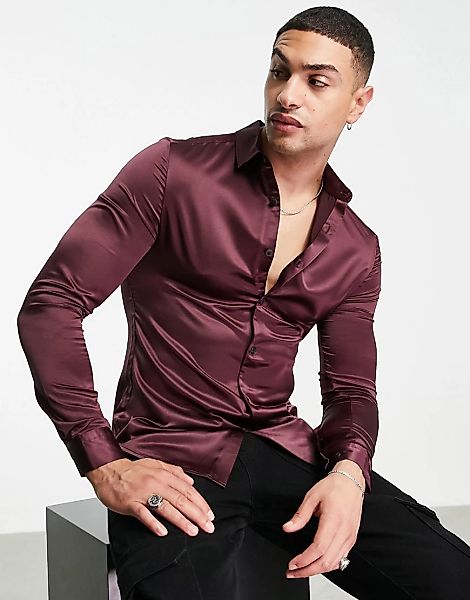 ASOS DESIGN – Eng geschnittenes Satinhemd in Traubenlila mit nach hinten ab günstig online kaufen