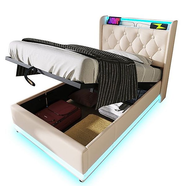 Flieks Polsterbett, LED Hydraulisches Stauraumbett Doppelbett 140x200cm mit günstig online kaufen