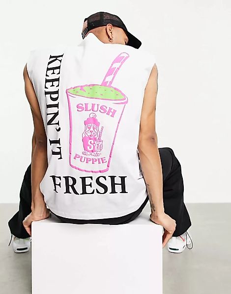 ASOS DESIGN – Übergroßes, ärmelloses T-Shirt mit Aufdruck in Weiß günstig online kaufen