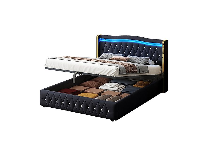 Flieks Polsterbett, LED hydraulisches Doppelbett 140x200cm mit hellen Strei günstig online kaufen