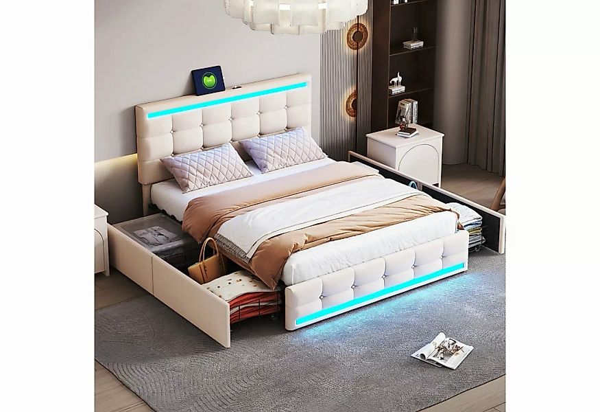 Merax Polsterbett 140x200 cm mit LED und Leinenbezug, Doppelbett mit Metall günstig online kaufen
