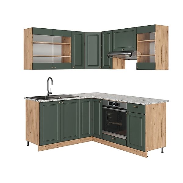 Vicco Fame-Line Eckküche Grün-Gold Landhaus/Goldkraft Eiche 160 x 190 cm AP günstig online kaufen