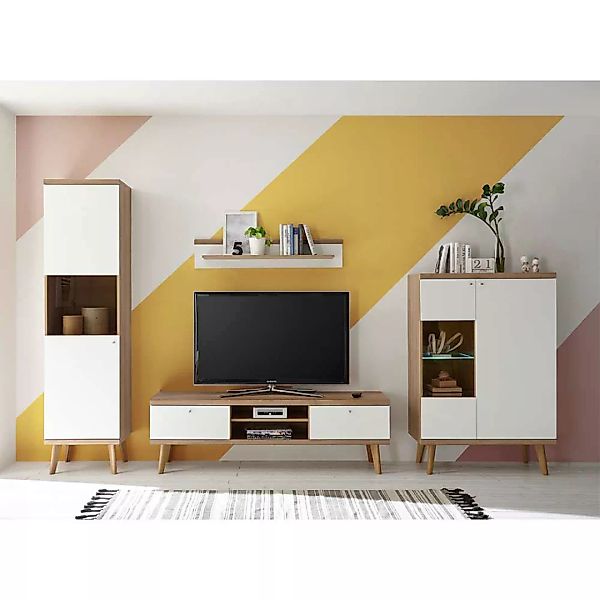 Fernseher Wohnwand in Weiß und Eiche 300 cm breit (vierteilig) günstig online kaufen