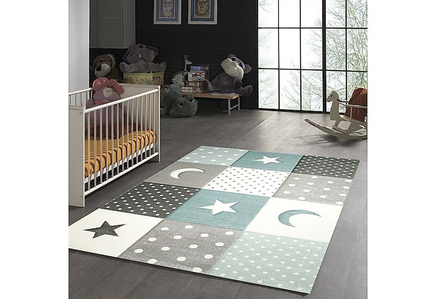 TeppichHome24 Kinderteppich Kinderteppich Stern Mond in Weiss Grau Blau, re günstig online kaufen