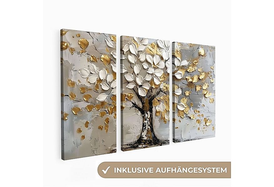 MuchoWow Leinwandbild Baum - Weiß - Gold - Lackoptik, Fotodruck (3 St), Wan günstig online kaufen