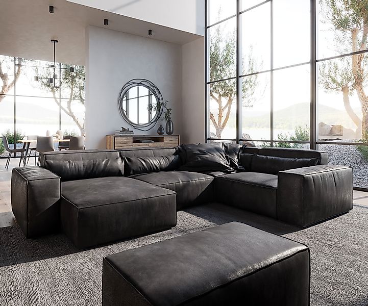 Wohnlandschaft Sirpio 300x210 cm Lederimitat Vintage Anthrazit Recamiere va günstig online kaufen