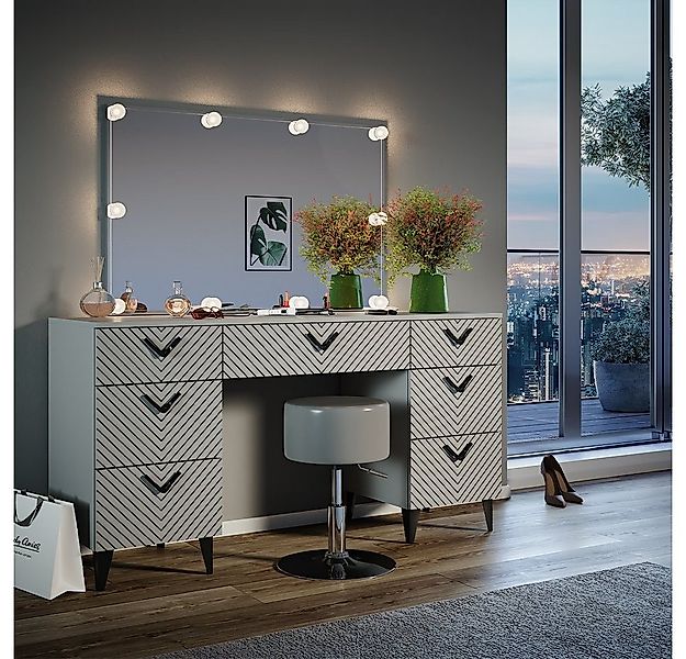Vicco Schminktisch Anett, Grau, 150 cm mit LED Beleuchtung und Hocker günstig online kaufen