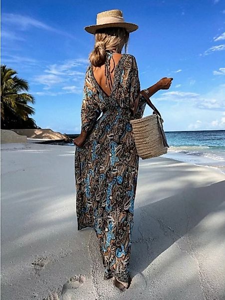 RUZU UG Dirndl Midikleid Modebedrucktes Kleid Großem Saum V-Ausschnitt günstig online kaufen