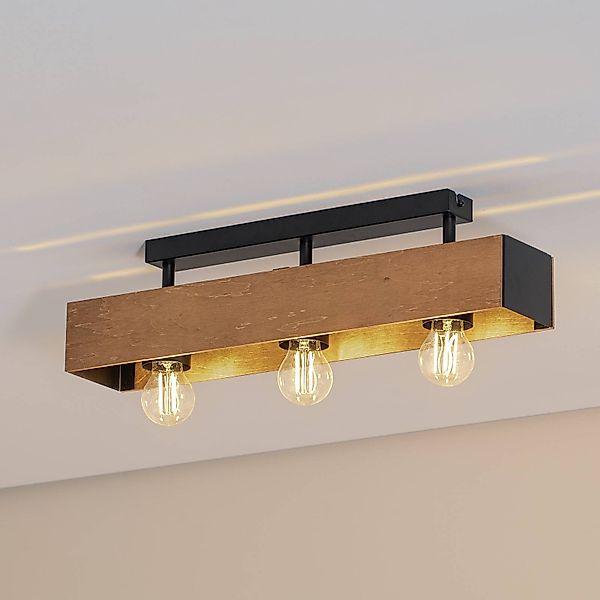 Deckenlampe Miluza, schwarz/braun, Länge 57 cm, Holz, 3-flg. günstig online kaufen