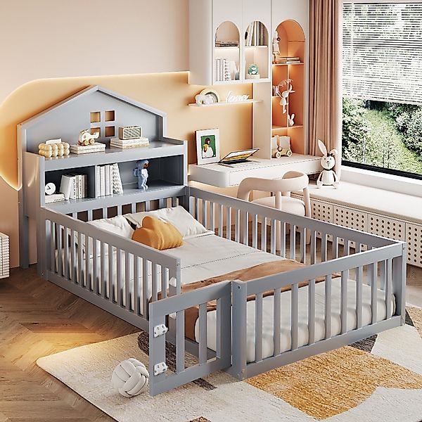 Merax Kinderbett 90x200cm mit Tür, Regal günstig online kaufen