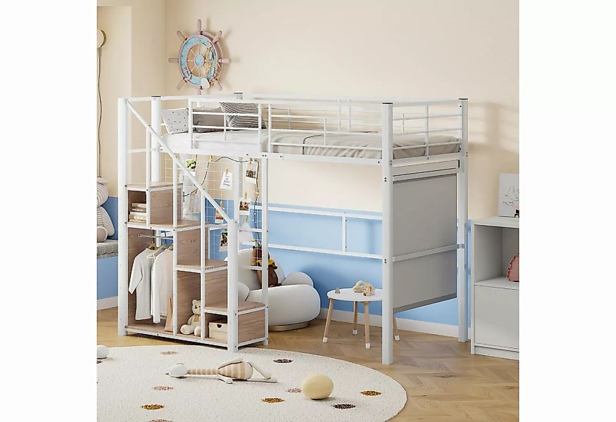 Flieks Hochbett Einzelbett Kinderbett Metallbett 90x200cm mit Stauraumtrepp günstig online kaufen