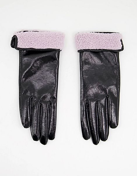 ASOS DESIGN – Vinyl-Handschuhe mit Kunstfellbesatz in Flieder-Mehrfarbig günstig online kaufen