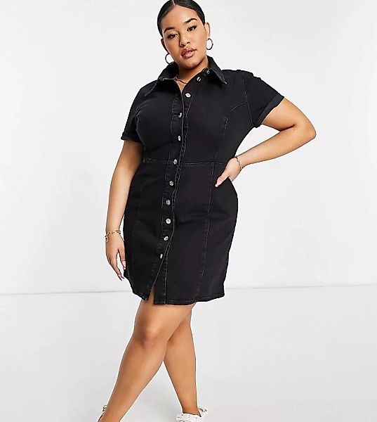 ASOS DESIGN Curve – Figurbetontes Hemdkleid aus Denim mit kurzen Ärmeln in günstig online kaufen
