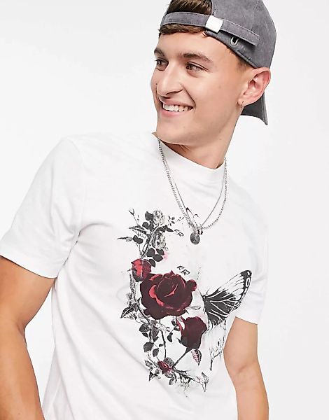 River Island – Schmales T-Shirt mit Blumen-Totenkopfprint in Schwarz günstig online kaufen
