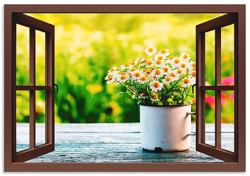 Artland Alu-Dibond-Druck "Fensterblick Garten mit Gänseblümchen" Blumen 1 S günstig online kaufen