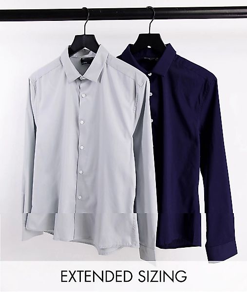 ASOS DESIGN – 2er-Pack schmale, elastische Business-Hemden in Marine/Grau, günstig online kaufen