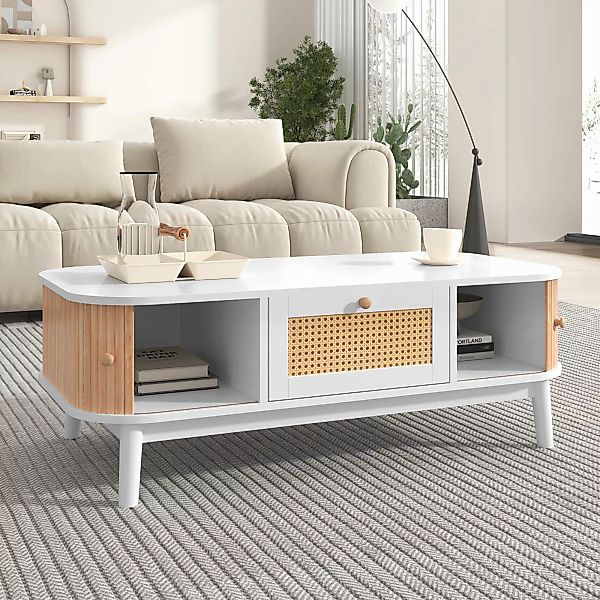 Couchtisch Rattan 110x55 cm mit Schubladen, Rustikaler Design, Massivholzbe günstig online kaufen