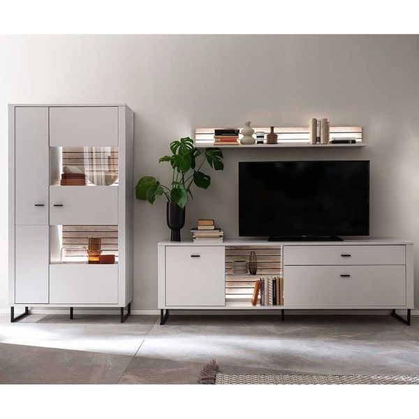 Moderne Wohnzimmerschrankwand in Weiß Wildeichefarben (dreiteilig) günstig online kaufen