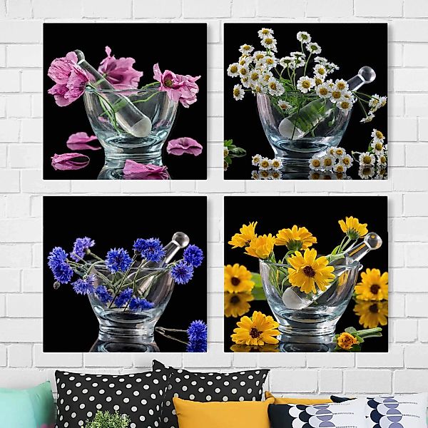 4-teiliges Leinwandbild Blumen - Quadrat Blumen im Mörser günstig online kaufen