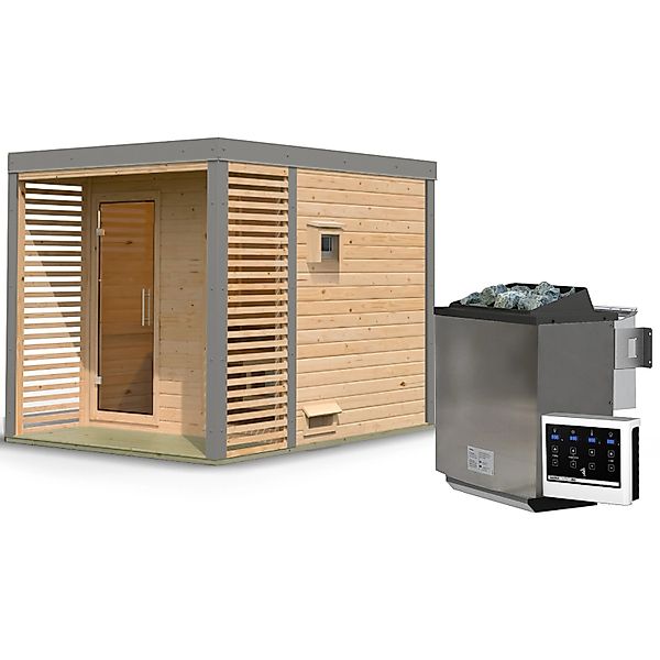 Karibu Saunahaus Seros 2 Zoll mit Ofen 9 kW Bio Extern Naturbelassen/Graual günstig online kaufen