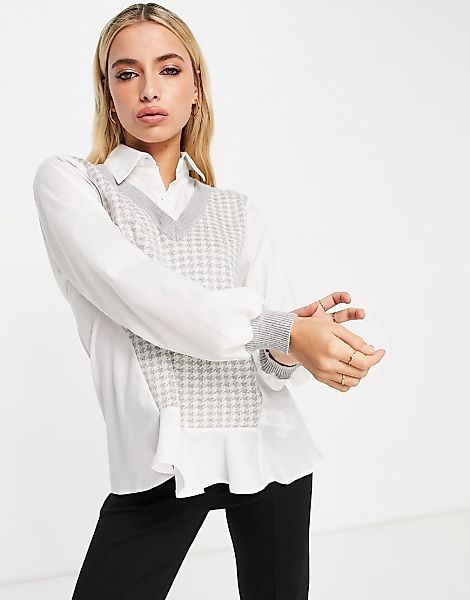 New Look – 2-in-1 Hemd mit Trägertop aus Strick in Grau kariert günstig online kaufen