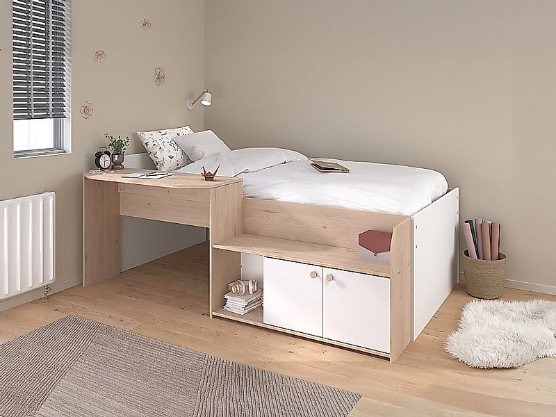 Kombibett 90 x 190/200 cm - Natur und Weiß + Lattenrost + Matratze - MIVONA günstig online kaufen