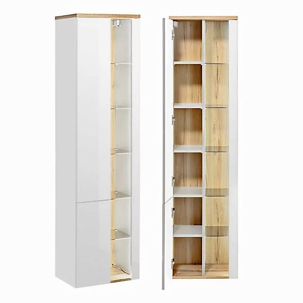 Lomadox Hochschrank BERMUDA-56 weiß Hochglanz mit Wotaneiche 45/170/33cm günstig online kaufen