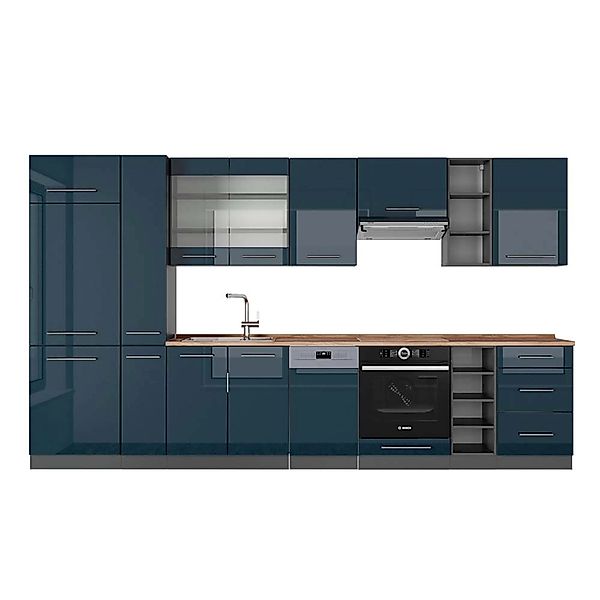 Vicco Fame-Line Küchenschränke Dunkelblau Hochglanz/Anthrazit 355 cm AP Eic günstig online kaufen