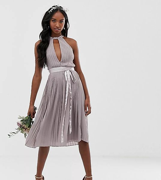 TFNC Tall – Graues, plissiertes Midi-Brautjungfernkleid mit überkreuzten Rü günstig online kaufen