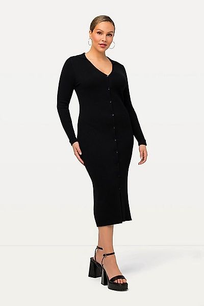 Ulla Popken Midikleid Strick-Midikleid Hemdkragen V-Ausschnitt Langarm günstig online kaufen