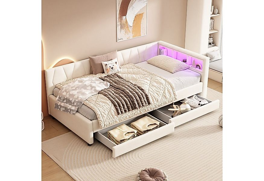 Flieks Daybett, LED Polsterbett Schlafsofa 90x200cm mit 2 Schubladen und US günstig online kaufen