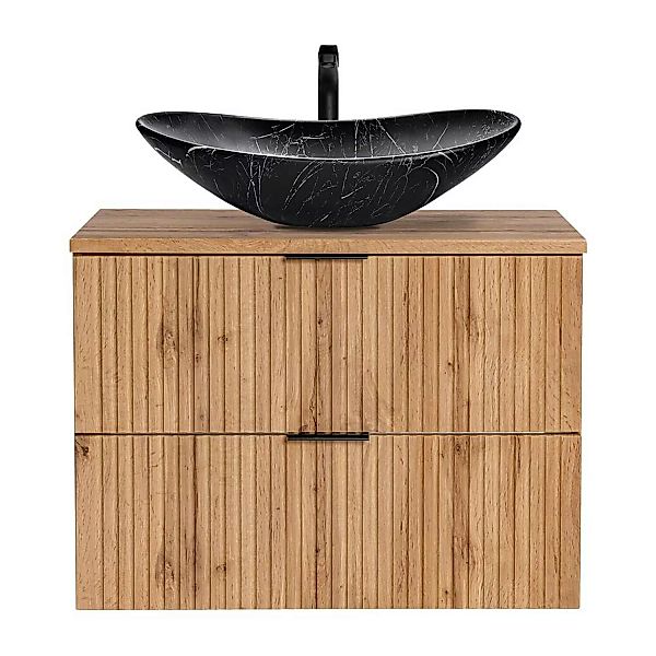 Badmöbel Waschtisch Set mit 80 cm UnterschrankWotaneiche gerillt Keramik-Wa günstig online kaufen
