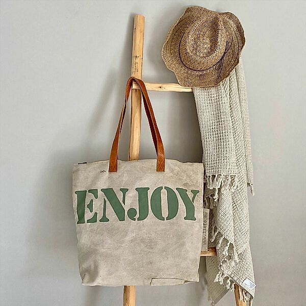Shopper Bag Enjoy. Strandtasche Aus Recyceltem Canvas Zeltstoff, Handbemalt günstig online kaufen