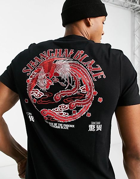 ASOS DESIGN – T-Shirt aus Bio-Baumwolle in Schwarz mit rotem Drachen-Print günstig online kaufen