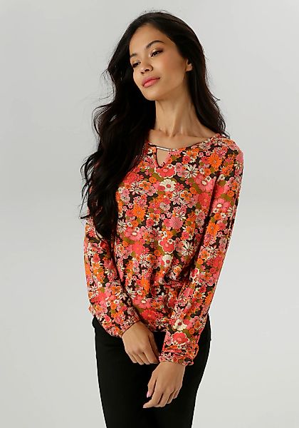 Aniston SELECTED Langarmshirt, mit Cut-out und farbenfrohem Blütendruck - N günstig online kaufen