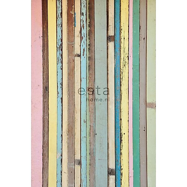 ESTAhome Fototapete Holz-Optik Hellrosa Gelb Blau und Grün 200 x 279 cm 157 günstig online kaufen