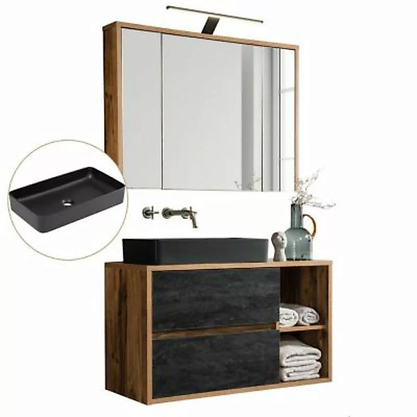 Lomadox Badmöbel Waschtisch Set mit LED-Spiegelschrank HARLOW Eiche mit Bet günstig online kaufen