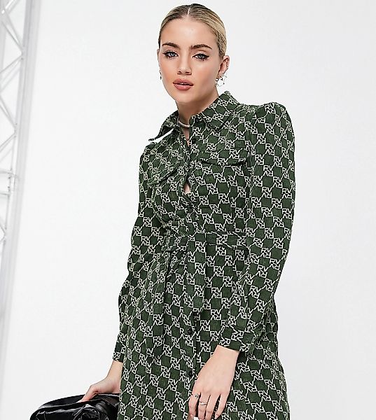 Reclaimed Vintage Inspired – Hemdkleid aus Cord in Grün mit Logoprint günstig online kaufen