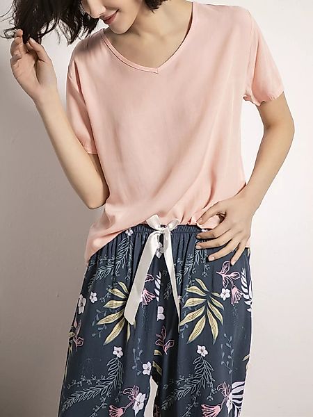 Damen Kurzarmhose mit V-Ausschnitt und Blumenmuster Bequeme zweiteilige Nac günstig online kaufen