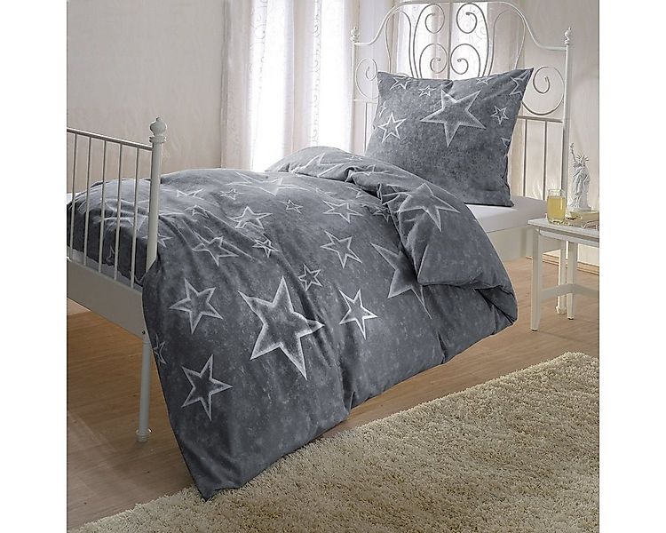BETTWARENSHOP Bettwäsche Anthrazit-Sterne, Biber, 2 teilig, warmer weicher günstig online kaufen