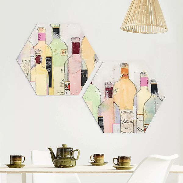 2-teiliges Hexagon-Forexbild Weinflaschen in Wasserfarbe Set I günstig online kaufen
