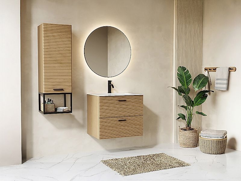 Badezimmermöbel geriffelt hängend mit Einbauwaschbecken und Hochschrank mit günstig online kaufen