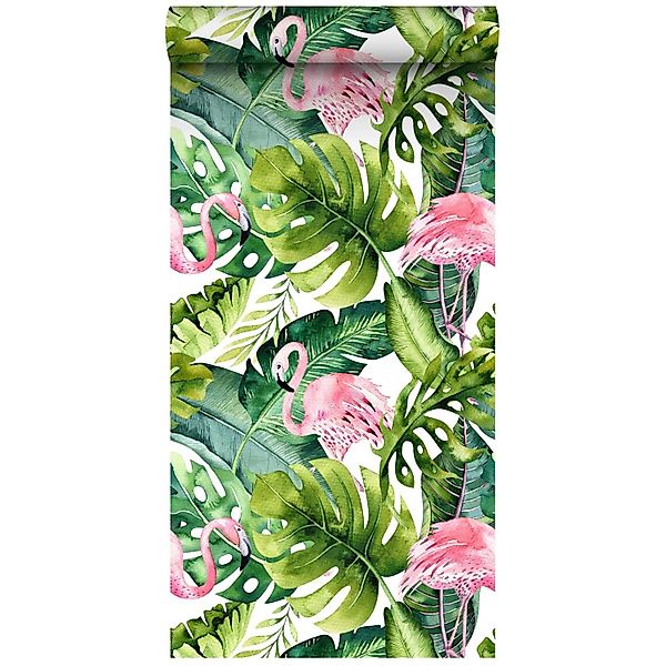 ESTAhome XXL-Vliestapete Tropische Blätter Mit Flamingos Grün Und Rosa 50 X günstig online kaufen