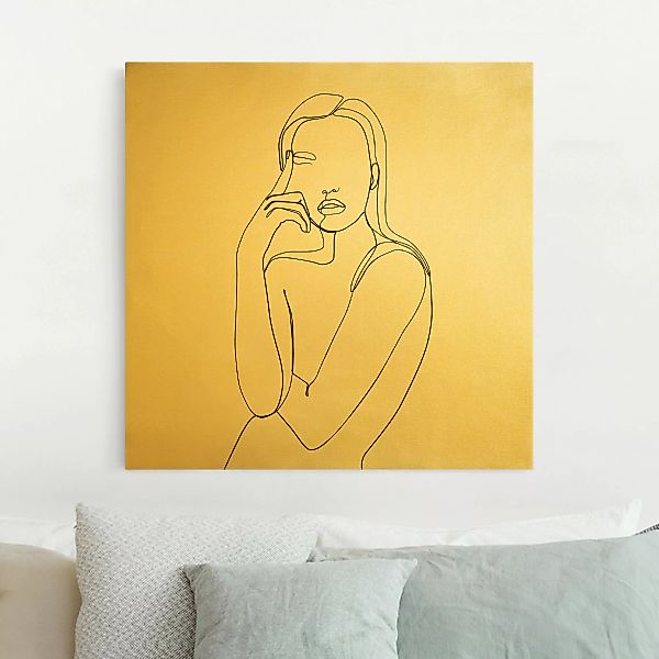 Leinwandbild Gold Line Art Nachdenkliche Frau Schwarz Weiß günstig online kaufen