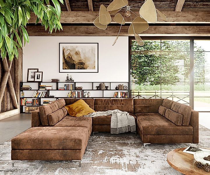 DELIFE Wohnlandschaft Elio, Lederimitat Vintage Braun günstig online kaufen